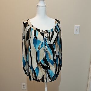 New Directions Relaxed Tie Front Blouse in Blue and Black